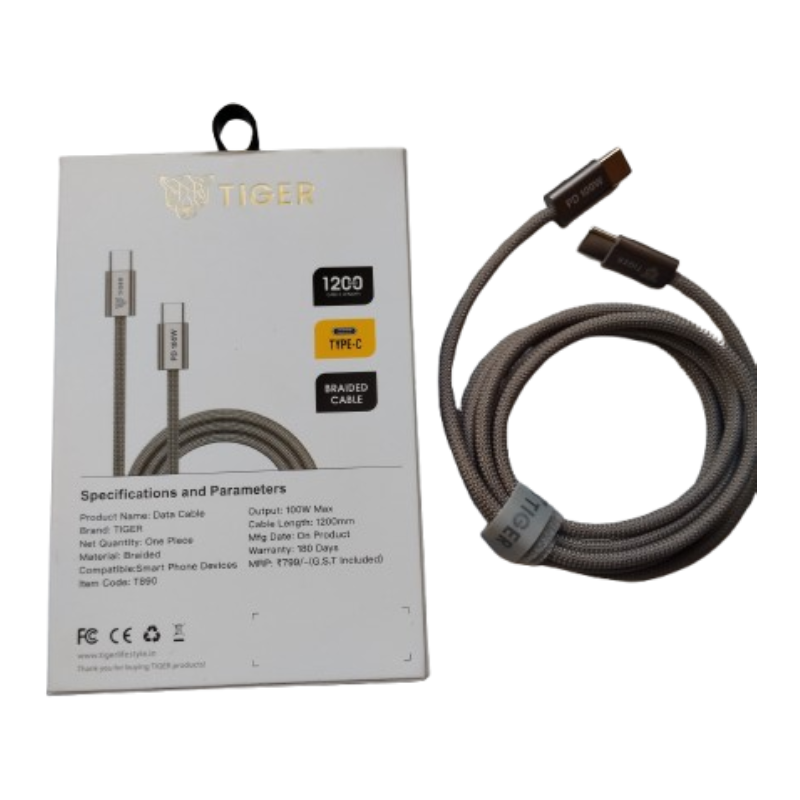 TIGER PD 100W Type-C Fast Charging Cable – 1.2M Braided Cable
