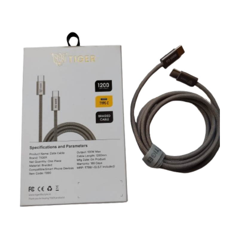 TIGER PD 100W Type-C Fast Charging Cable – 1.2M Braided Cable